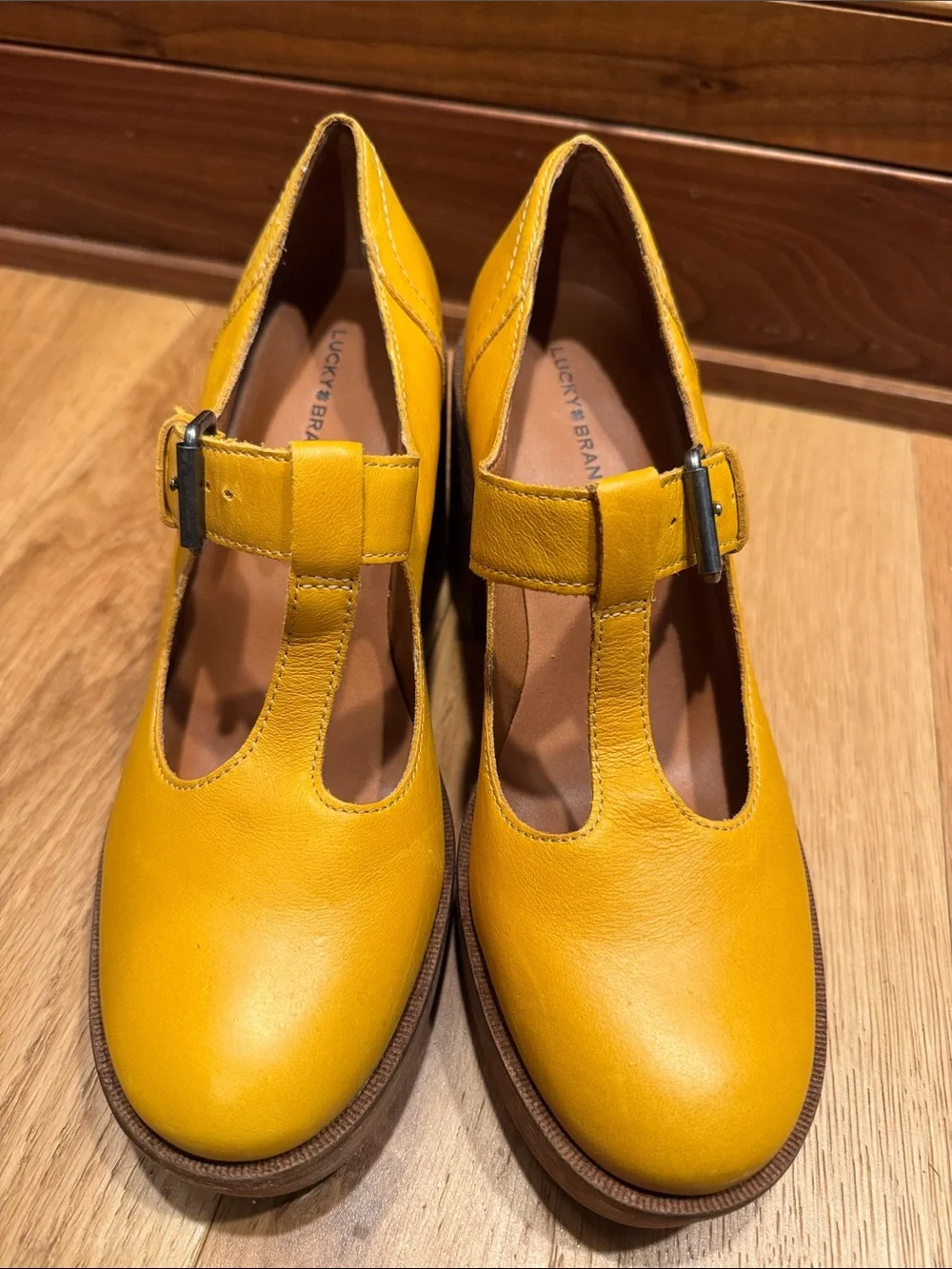 Lucky 🍀 Brand Yellow T-Strap Leather Platform Heels